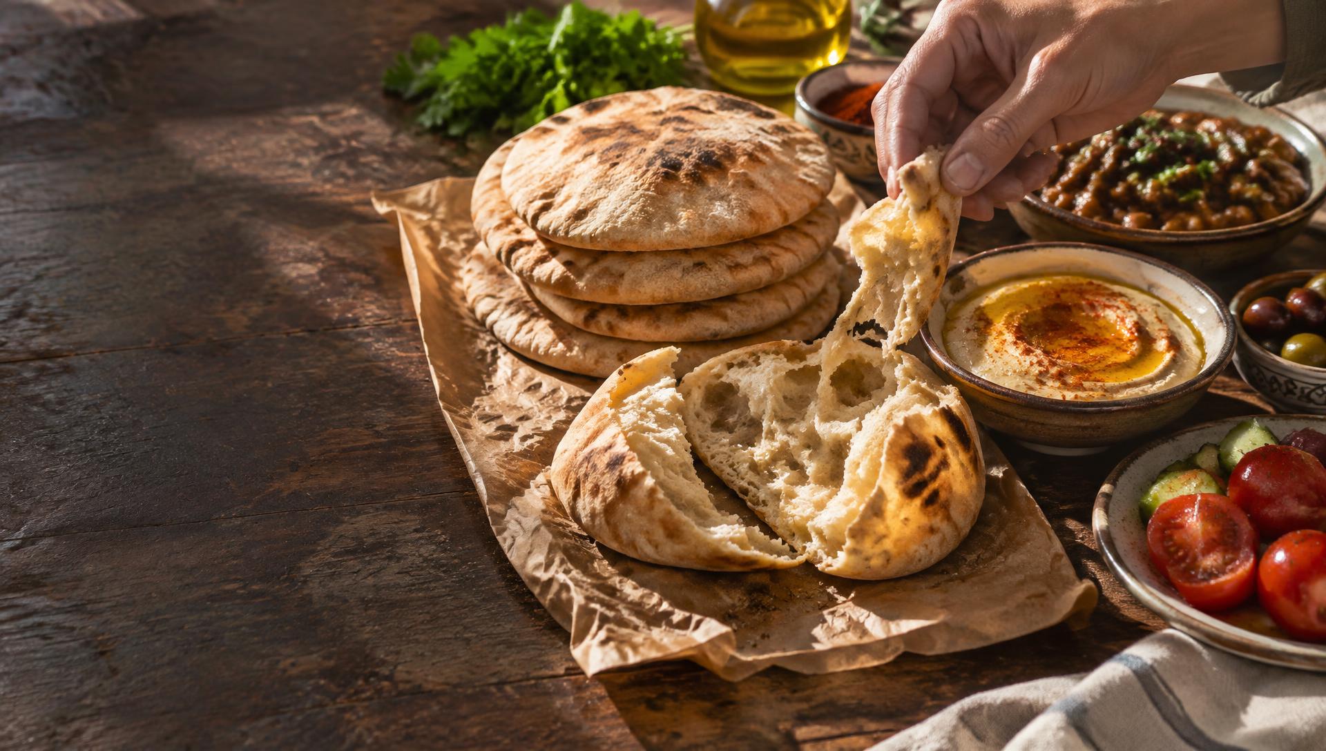 Warm Egyptian balady bread, torn and ready to share