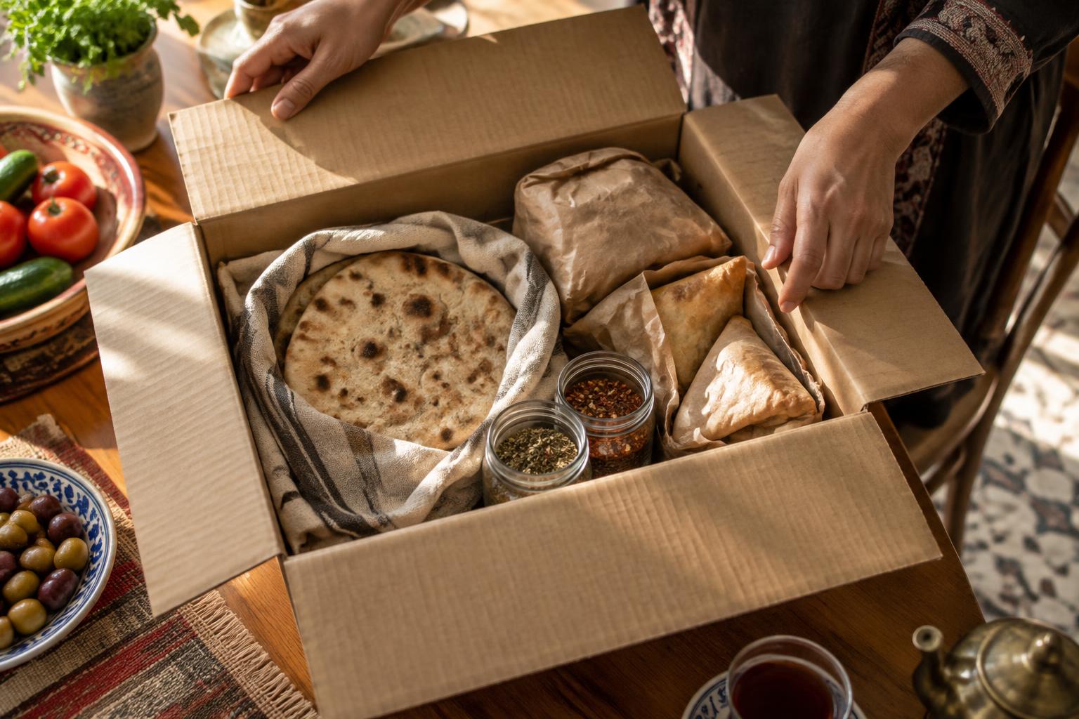 Hands carefully packing flatbread, pastries, and spices into a kartona